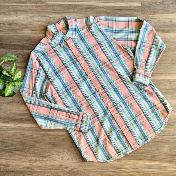 Southern Tide Medium Performance Stretch Collared Shirt Peach Green Plaid - Picture 14 of 14